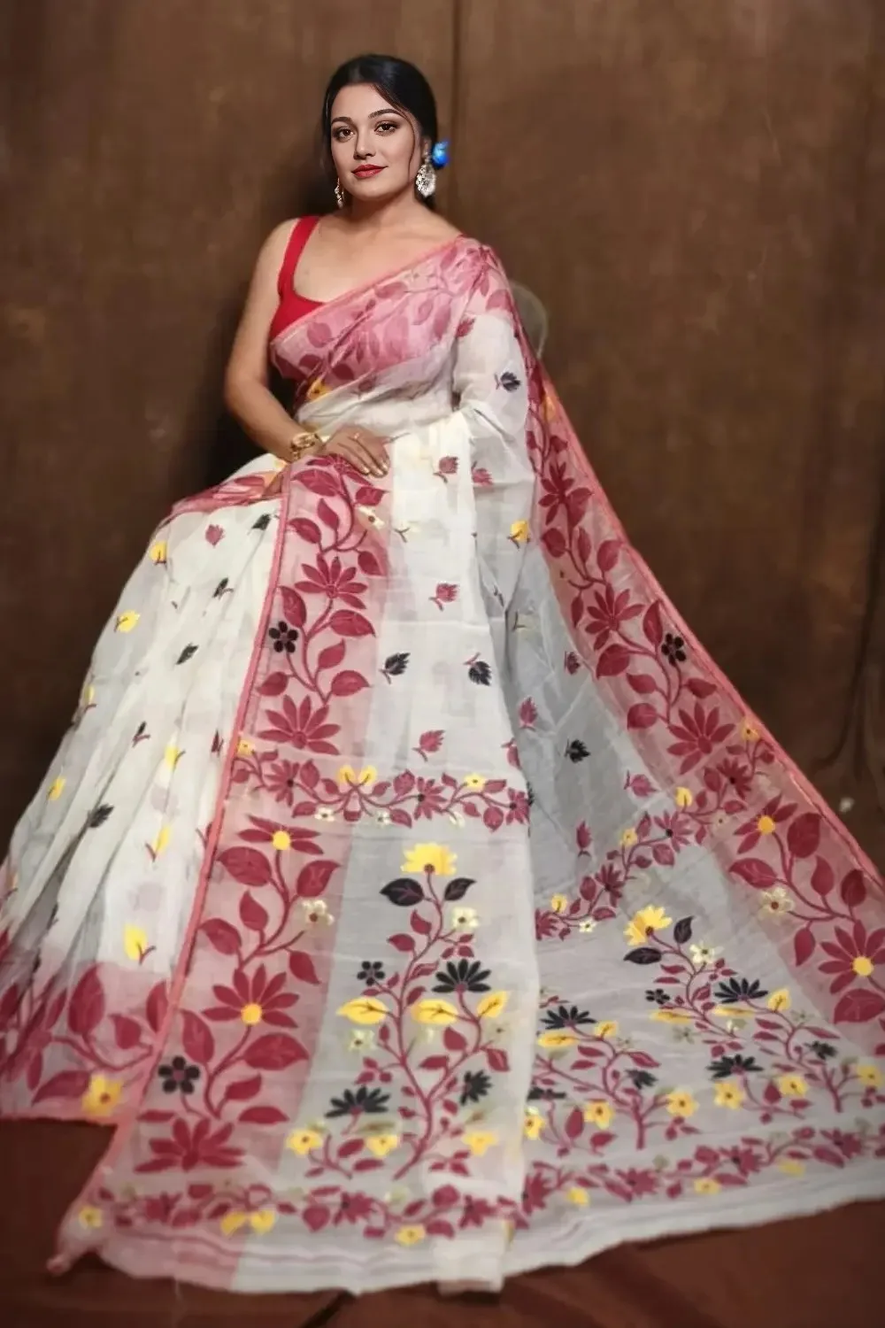 White Dhakai Jamdani Saree With Maroon Lota Motifs