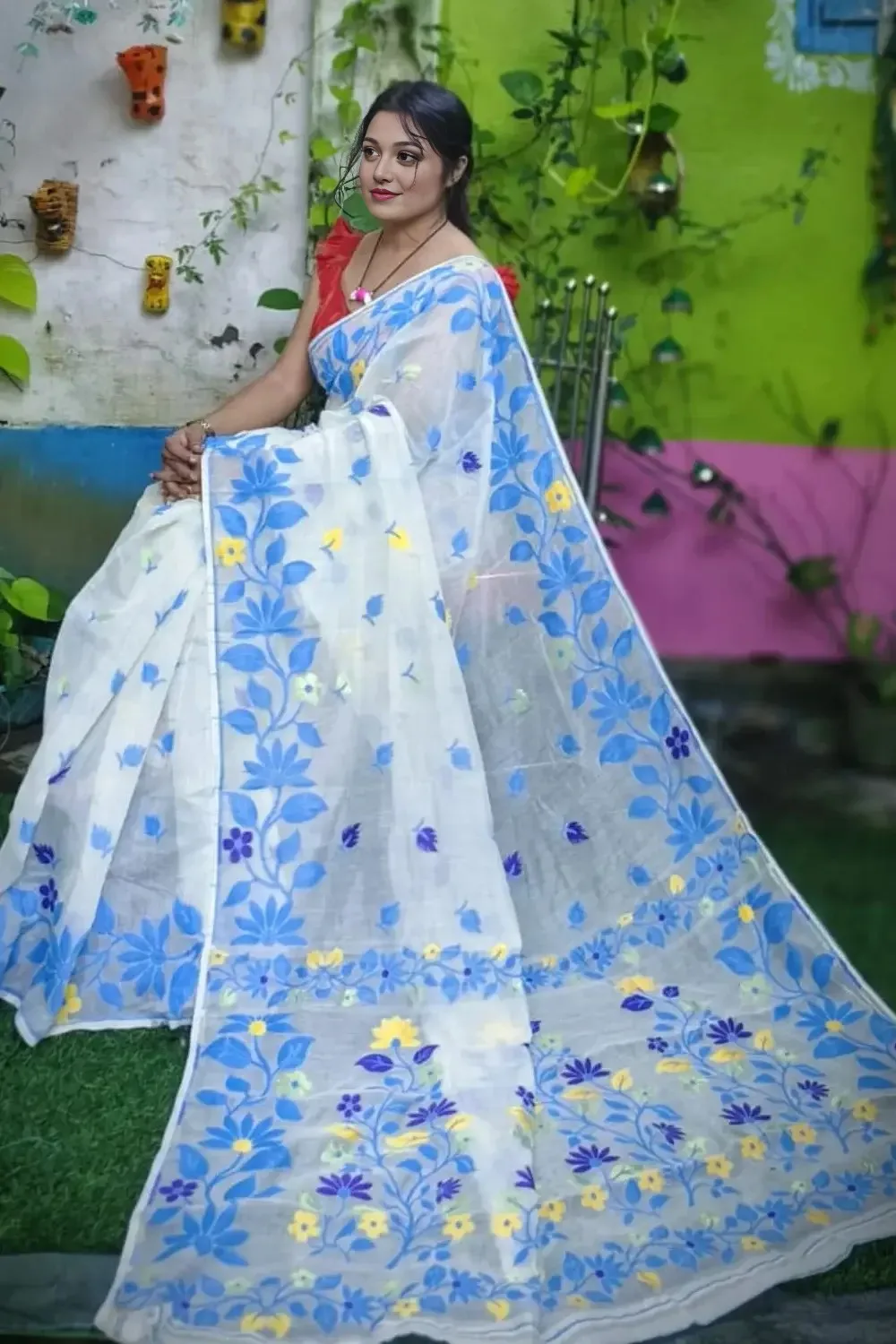 White Dhakai Jamdani Saree With Blue Lota Motifs