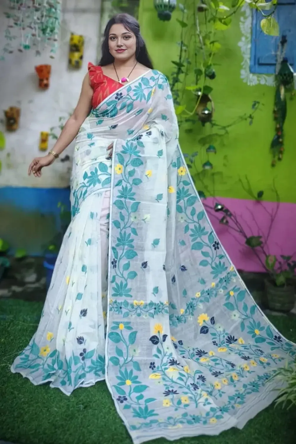 White Dhakai Jamdani Saree With Green Lota Motifs