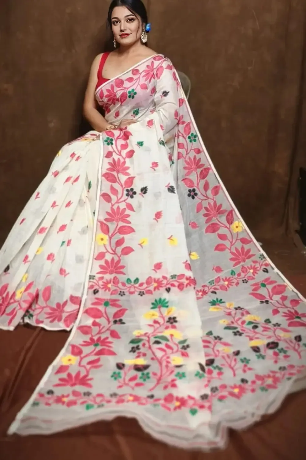 White Dhakai Jamdani Saree With Pink Lota Motifs