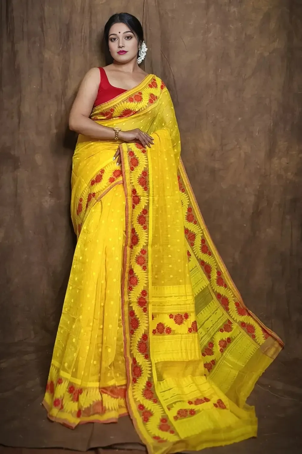 Ethnic Yellow Pure Cotton Saree With Mina Work