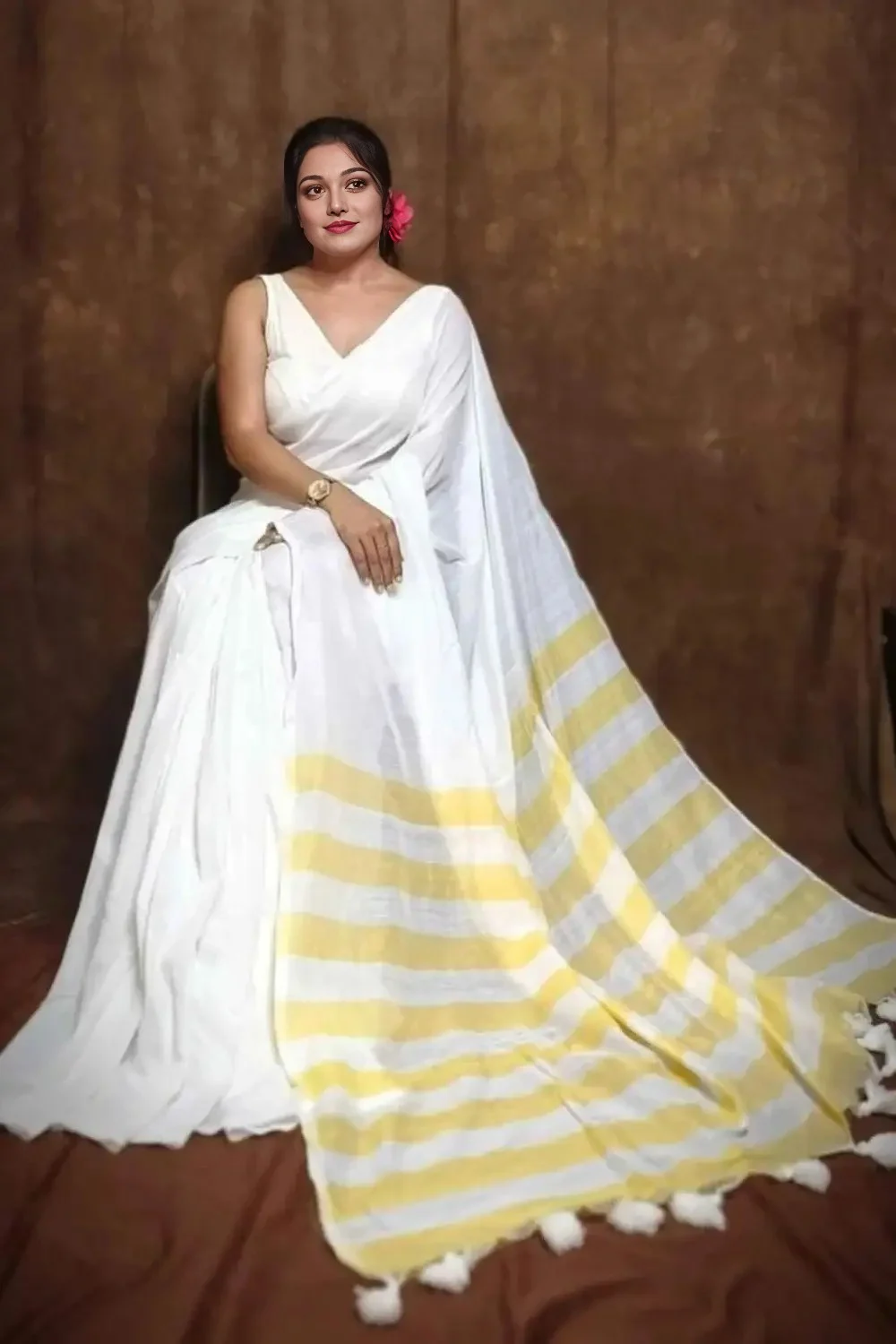 White and Yellow Soft handmade cotton Saree