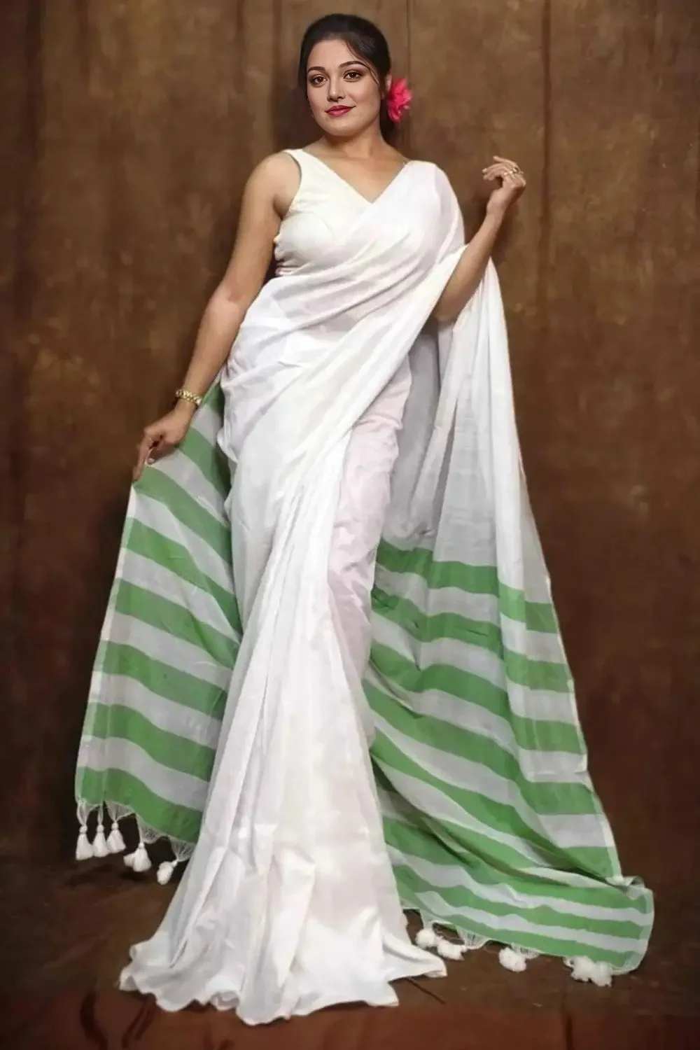 White and Green Soft handmade cotton Saree