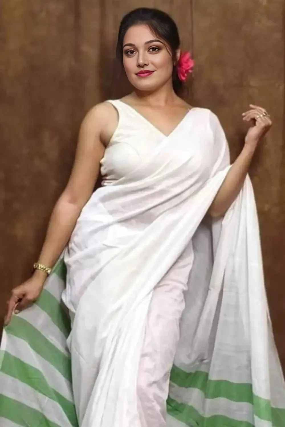 White and Green Soft handmade cotton Saree