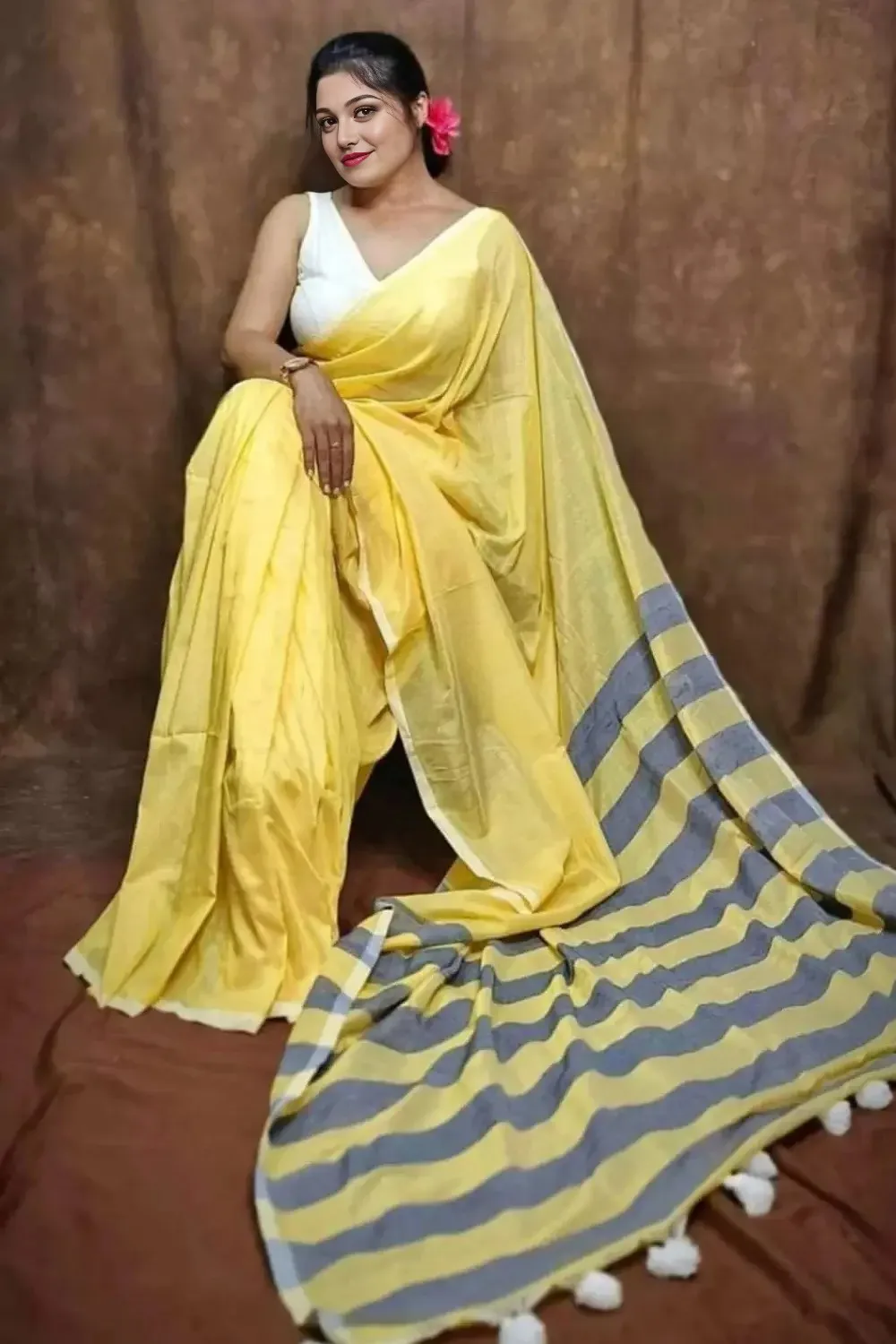 Yellow and Blue Soft handmade cotton Saree