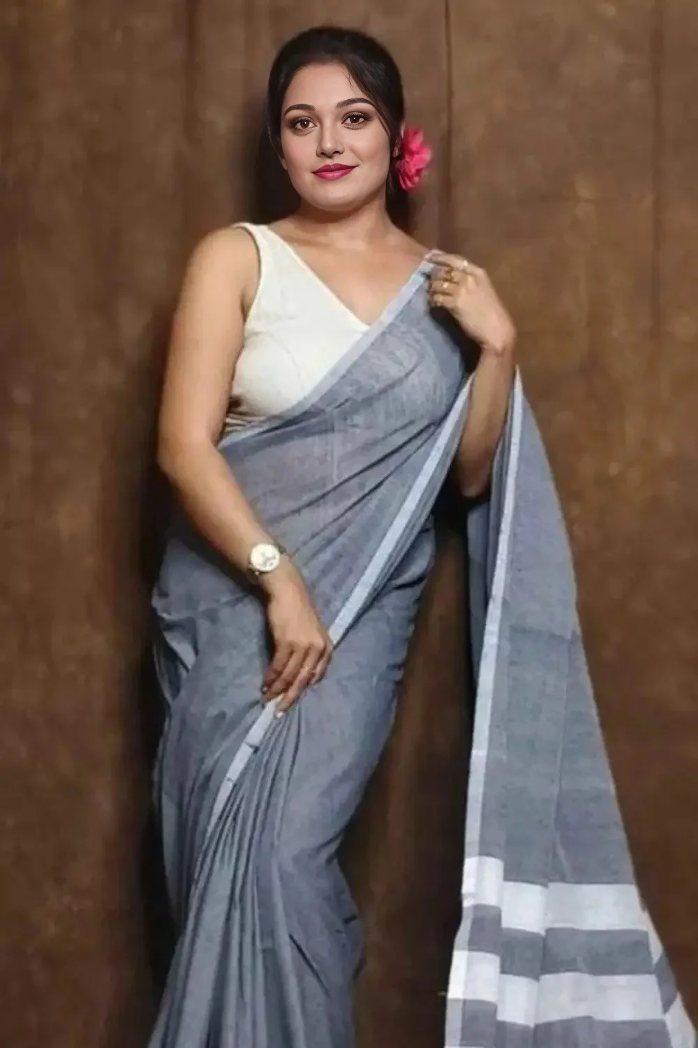 Gray and White Soft handmade cotton Saree
