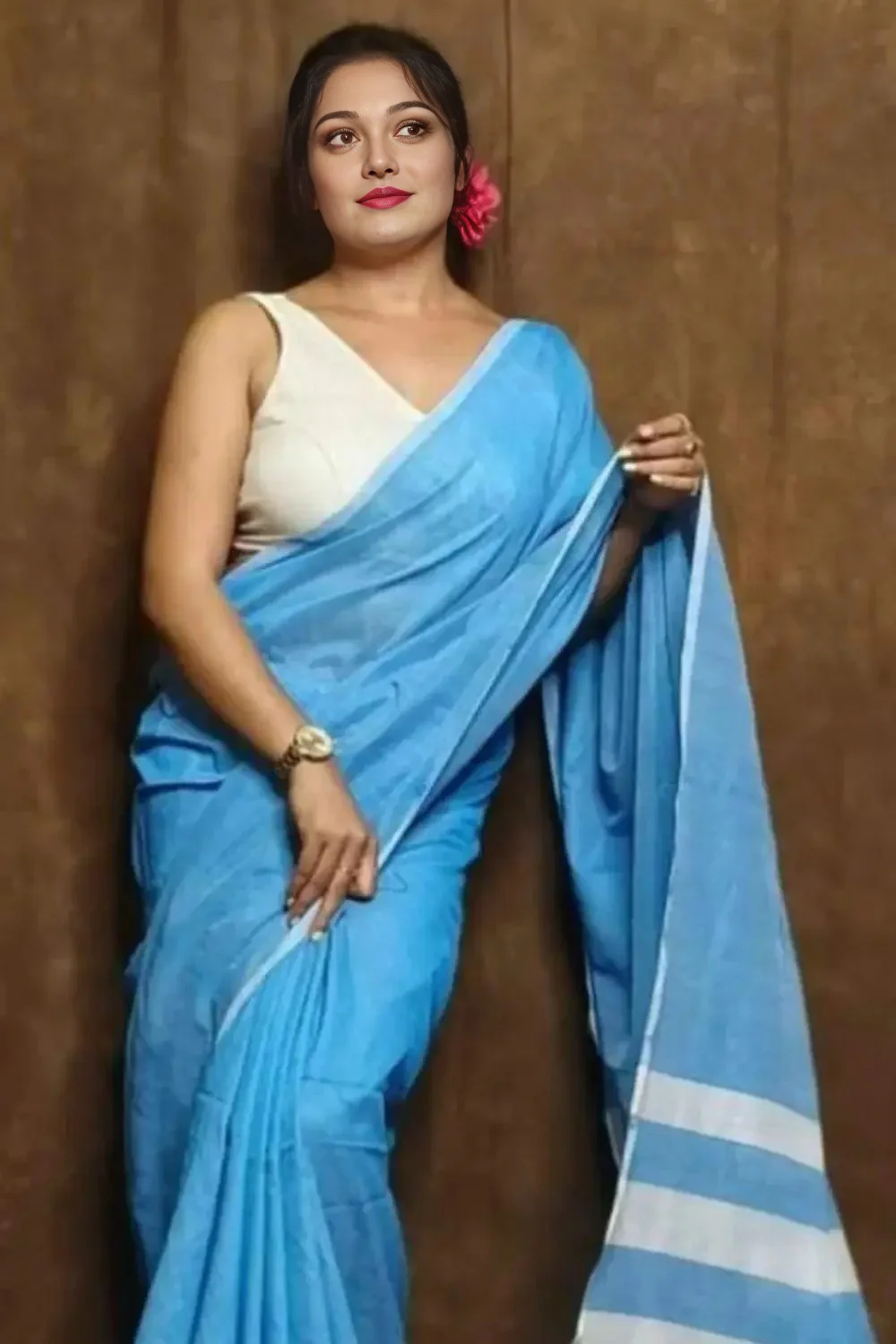 Sky-Blue and White Soft handmade cotton Saree