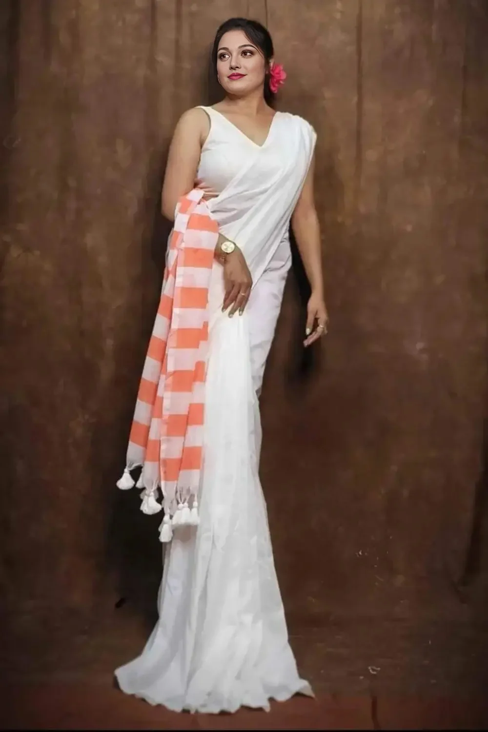 White and Orange Soft handmade cotton Saree