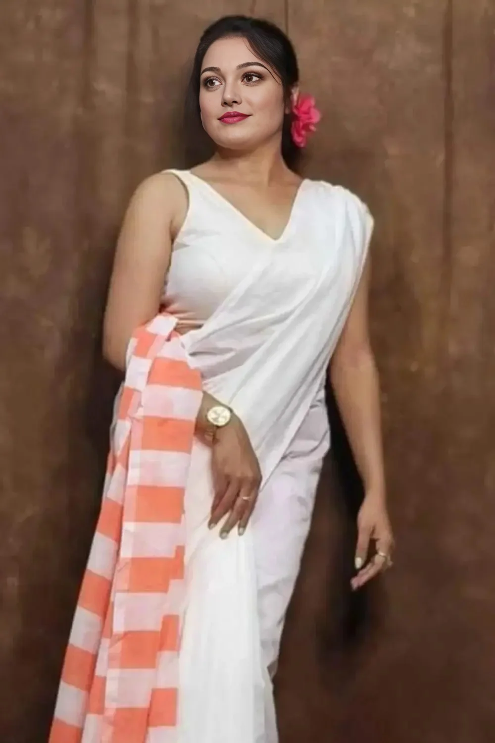 White and Orange Soft handmade cotton Saree