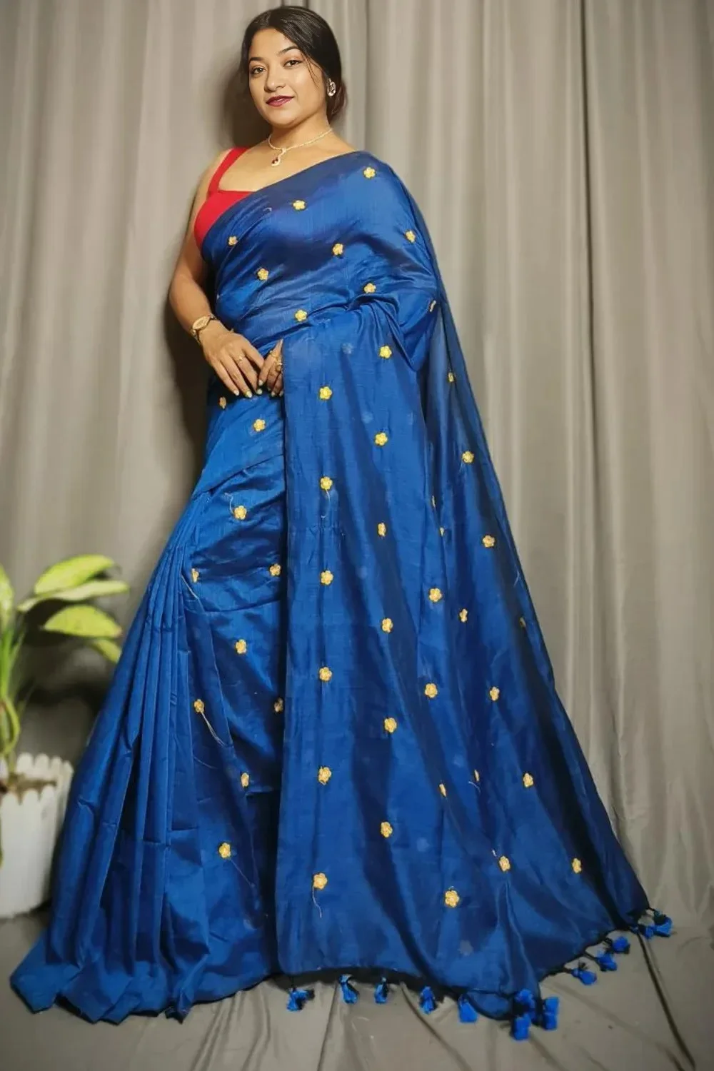 Bright Blue Cotton Saree With Floral Embroidery