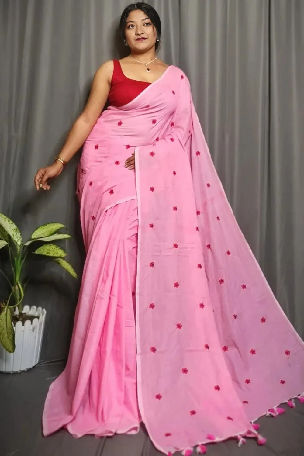 Pink Cotton Saree With Floral Embroidery
