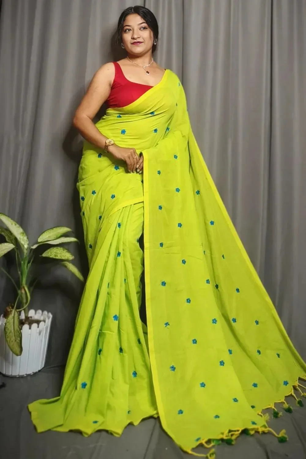 Lime Green Cotton Saree With Floral Embroidery