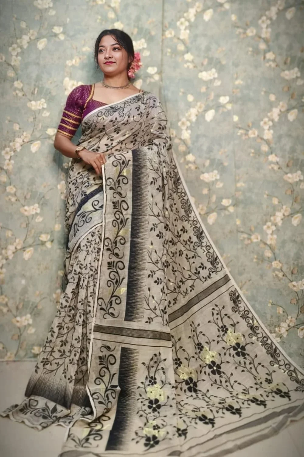 Off-White Designer Soft Jamdani Saree