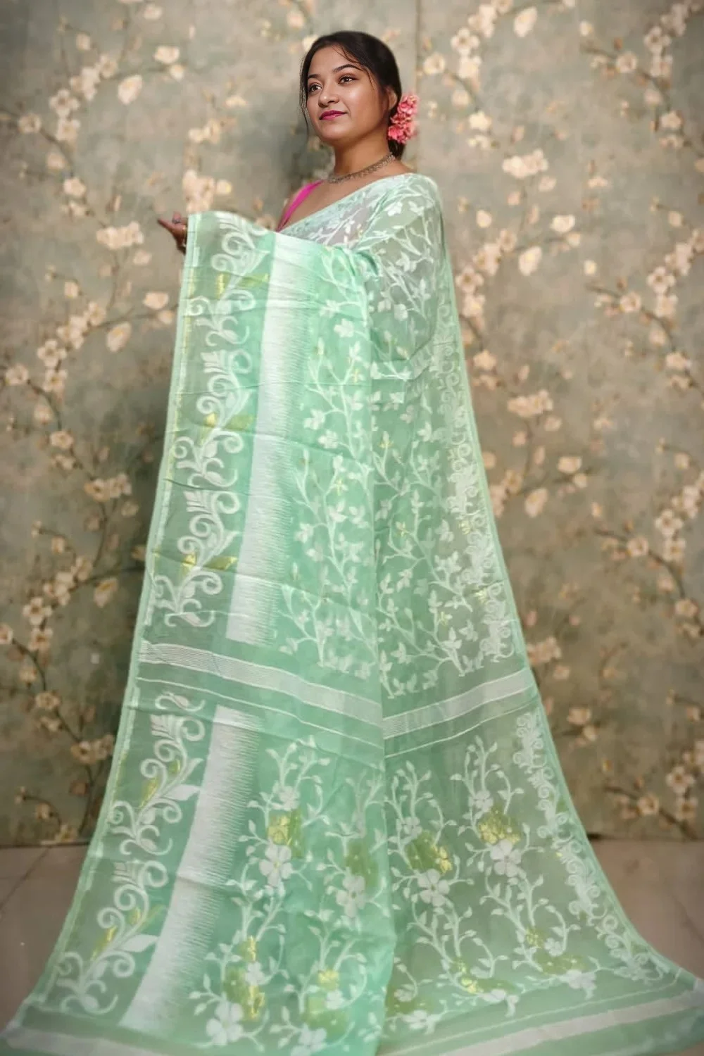Light Green Designer Soft Jamdani Saree