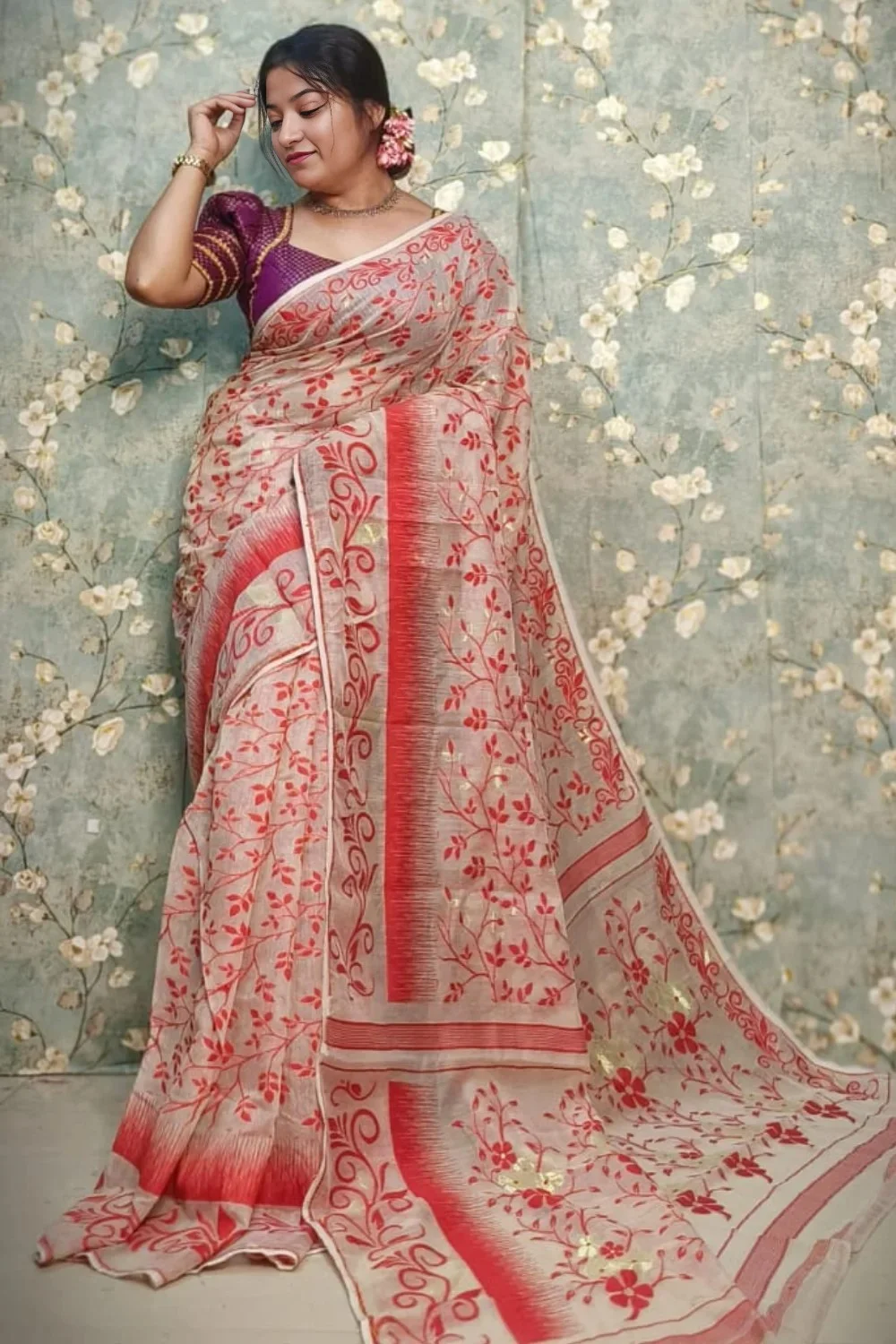 Light Red Designer Soft Jamdani Saree