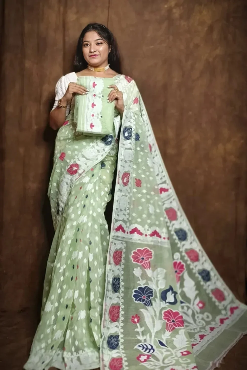 Diwali Special Pistachio Dhakai Jamdani Saree With Floral Motifs