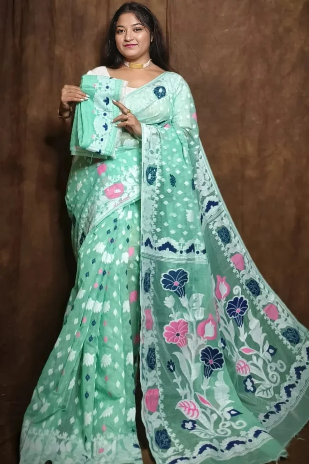 Diwali Special Cyan Dhakai Jamdani Saree With Floral Motifs