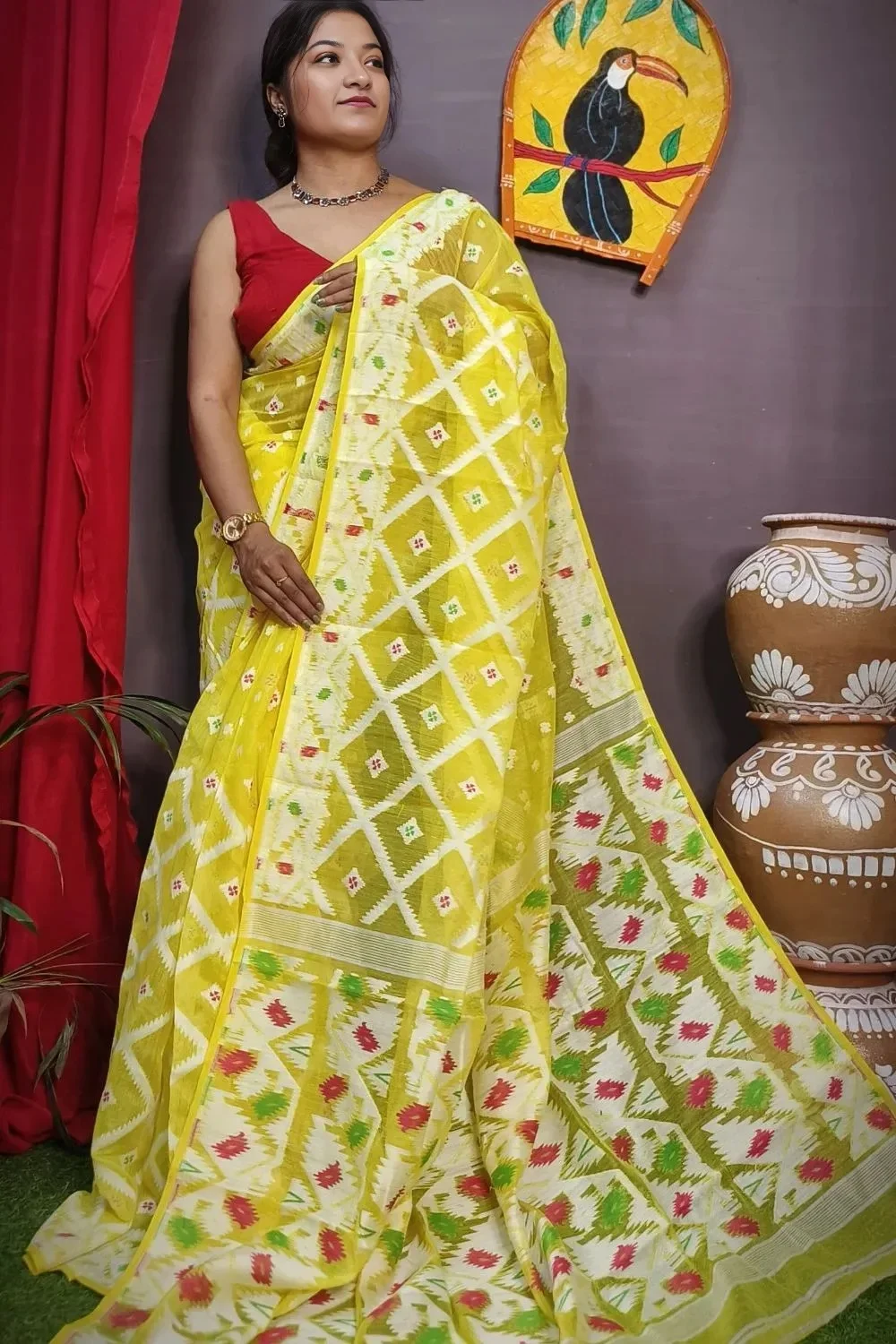 Yellow Handloom Dhakai Jamdani Saree