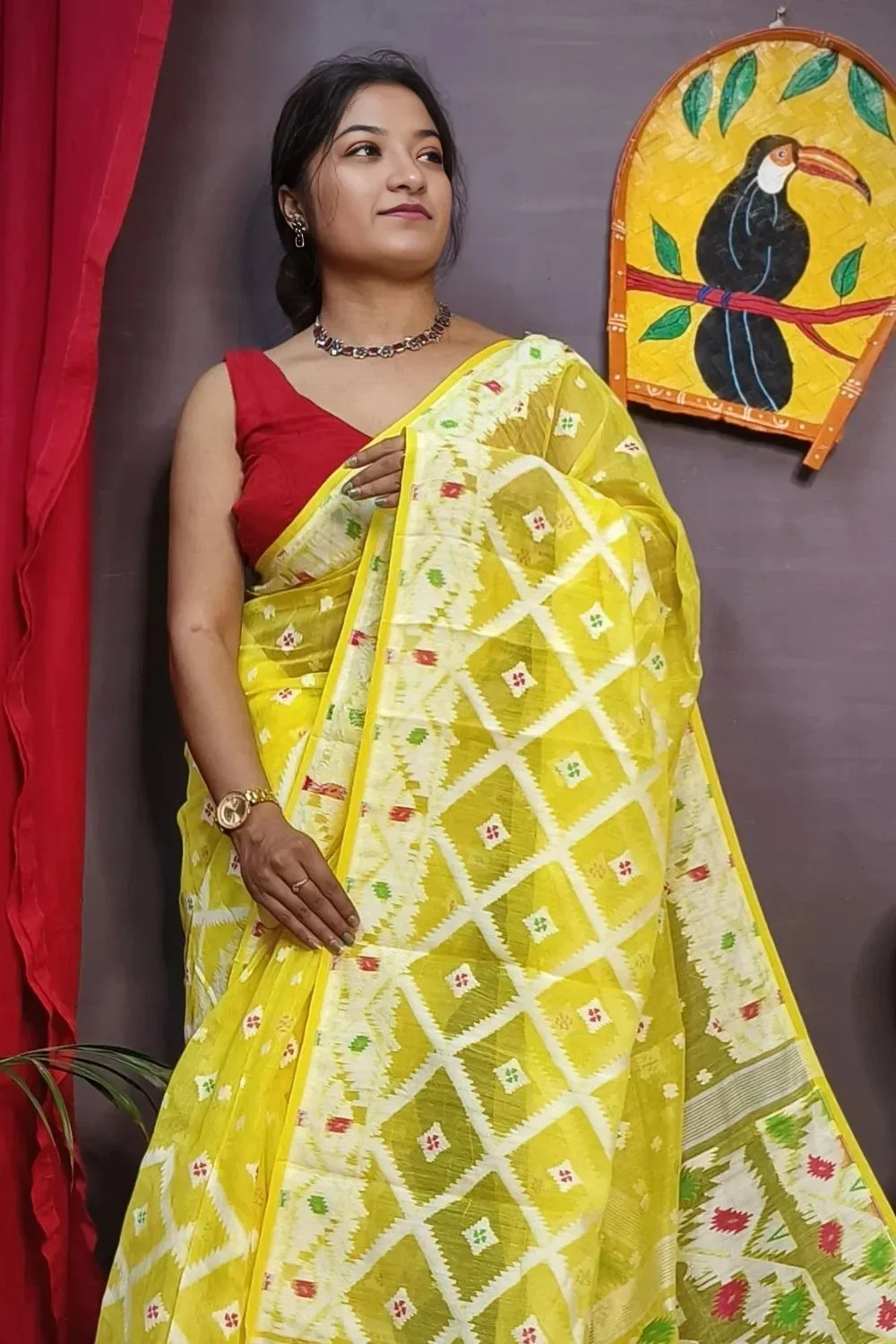 Yellow Handloom Dhakai Jamdani Saree
