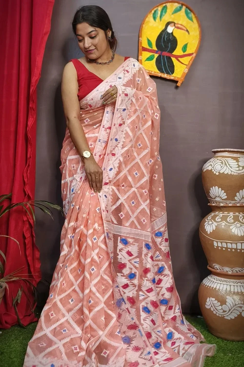 Peach Handloom Dhakai Jamdani Saree