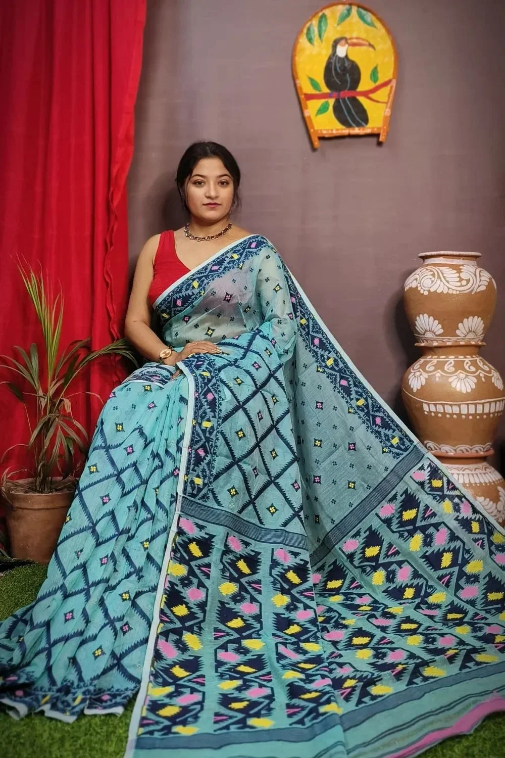Sky-Blue Handloom Dhakai Jamdani Saree