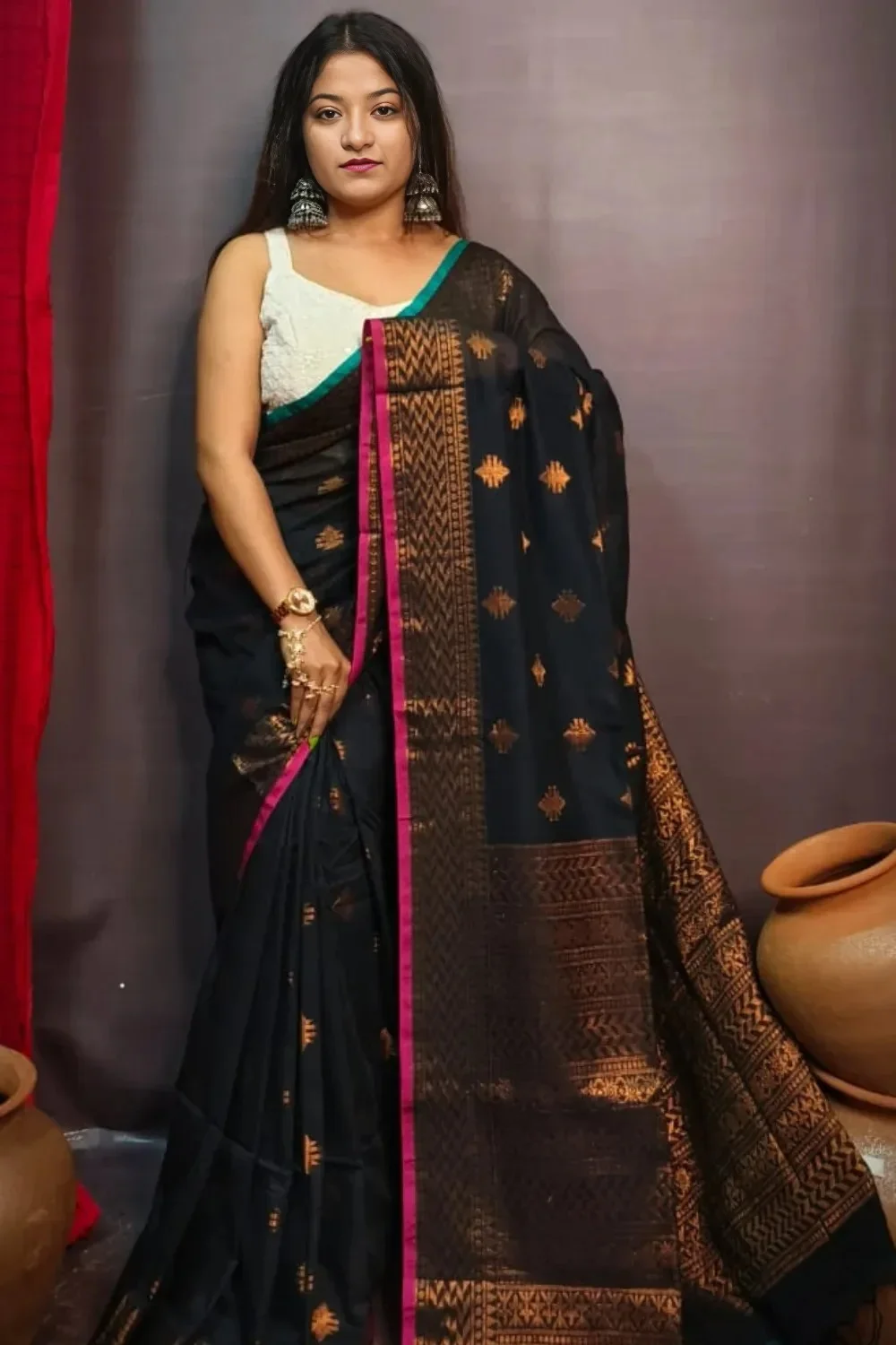 Black handmade cotton Saree With Zari Border