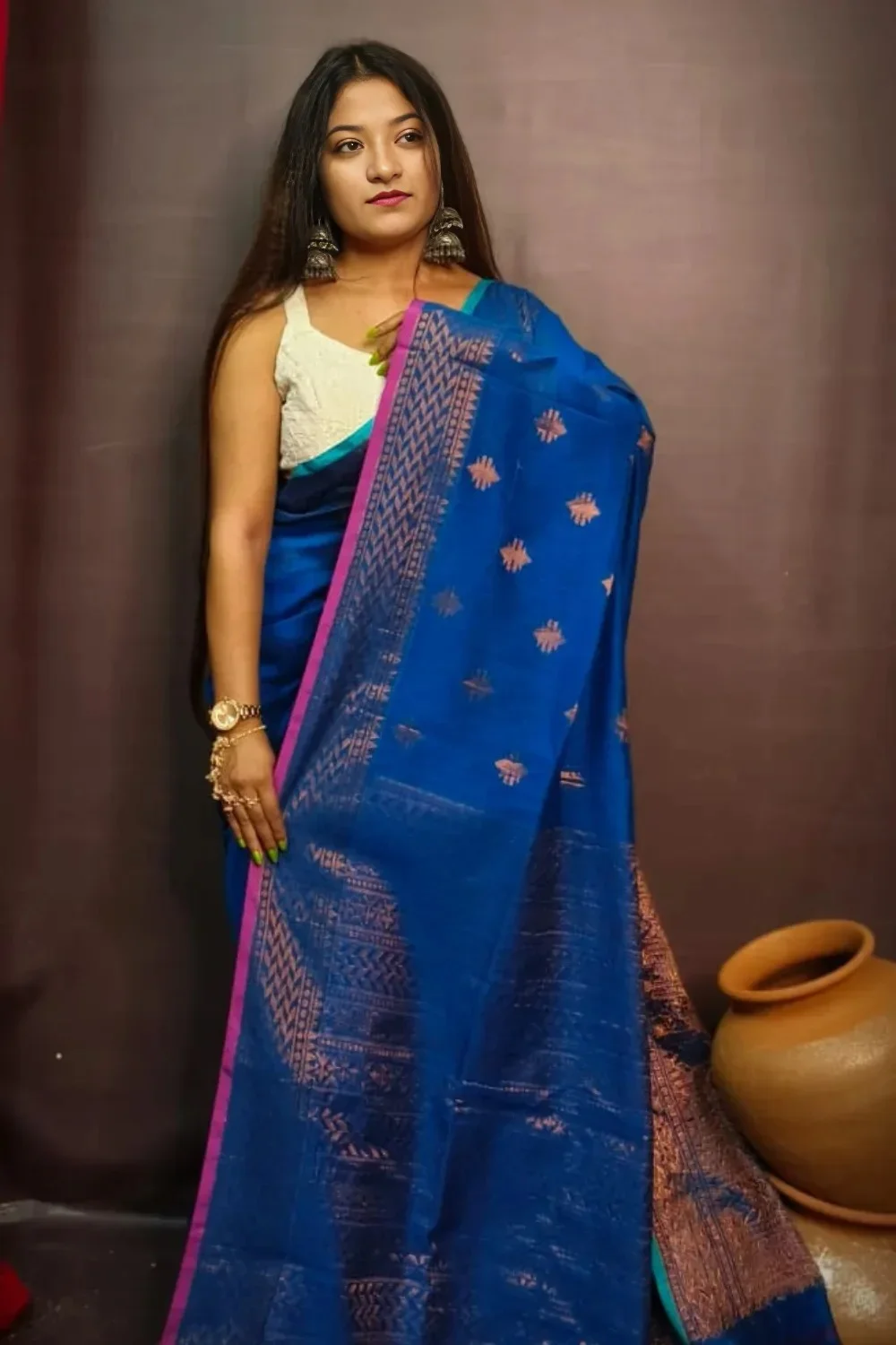 Blue handmade cotton Saree With Zari Border