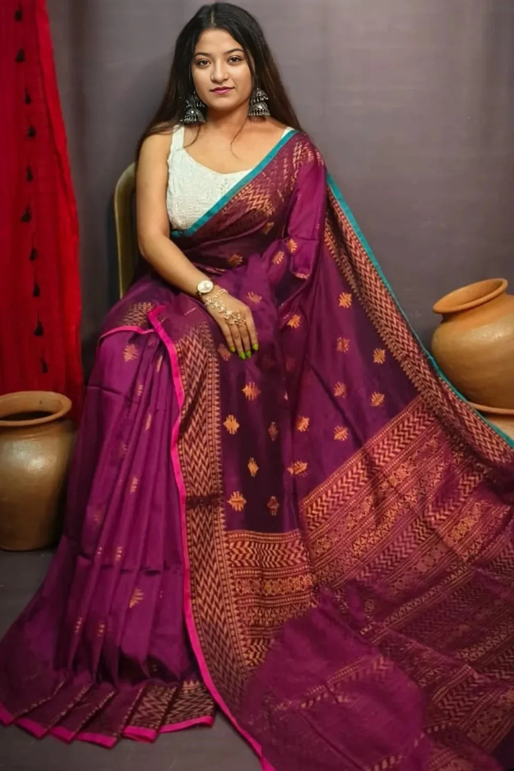 Rich Purple handmade cotton Saree With Zari Border