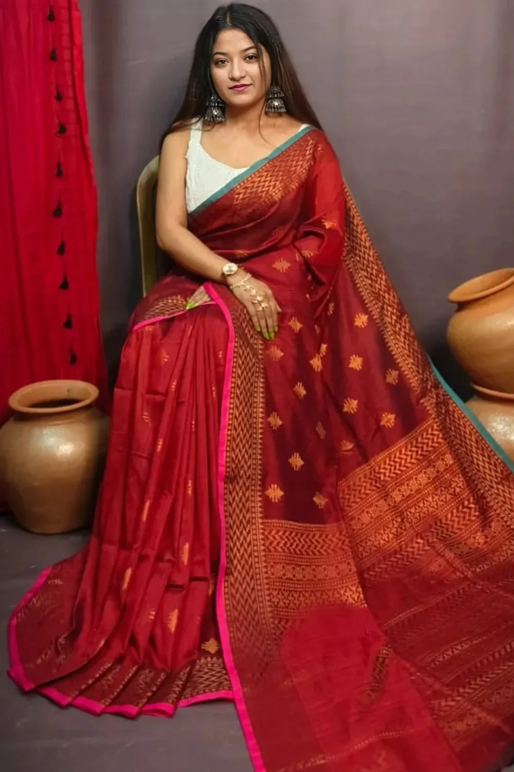 Dark Red handmade cotton Saree With Zari Border