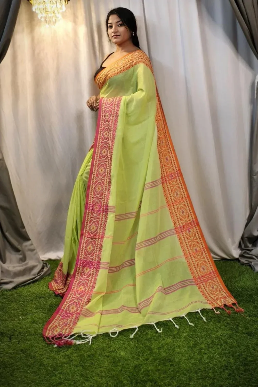 Lime Cotton Saree With Designer Border