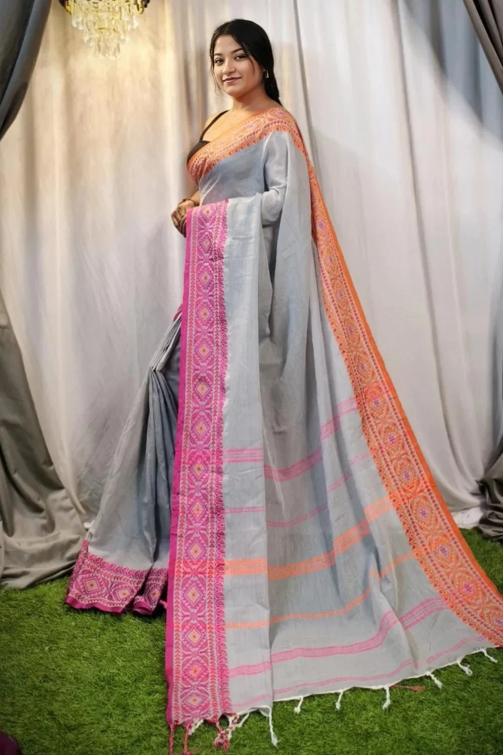 Gray Cotton Saree With Designer Border