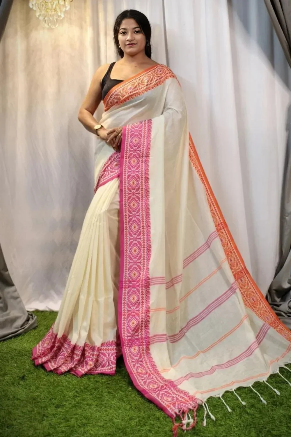 Off White Cotton Saree With Designer Border
