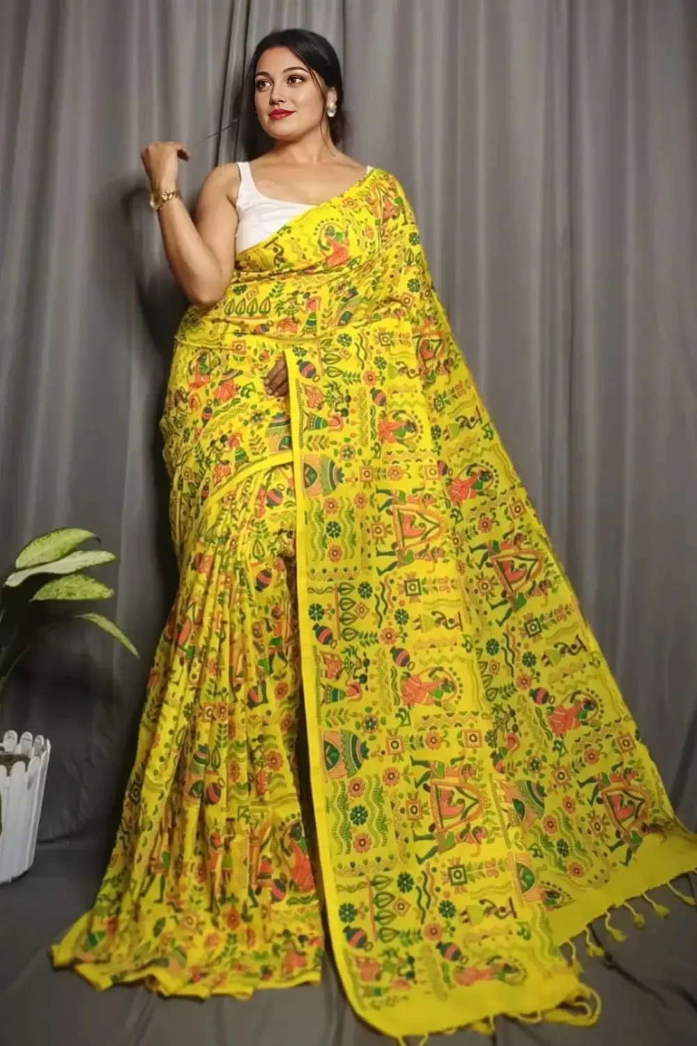 Bright Yellow Handloom cotton Saree