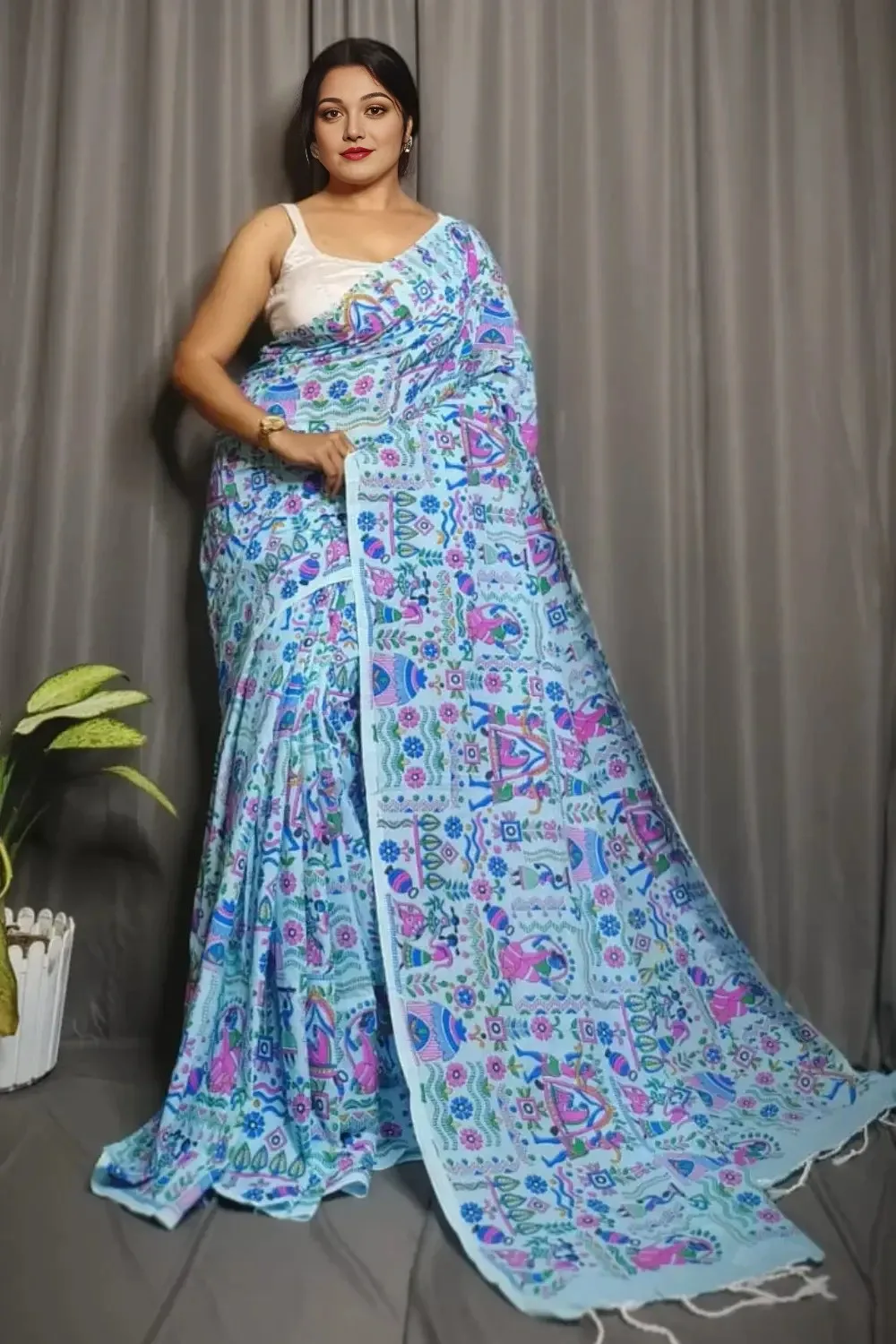 Sky Blue handmade cotton Handloom Cotton Saree