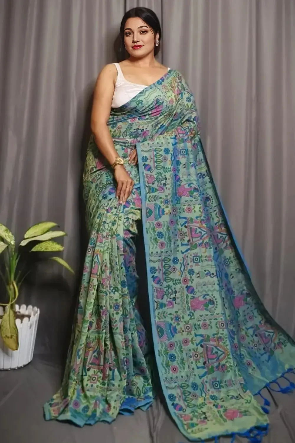 Olive Green handmade cotton Handloom Cotton Saree