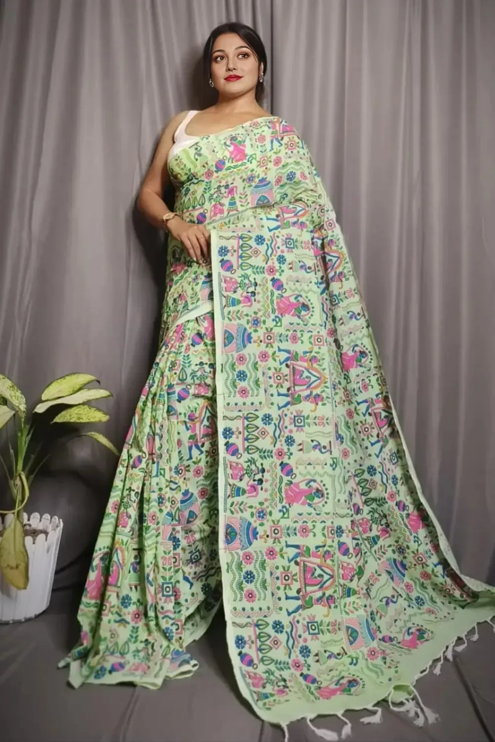 Pistachio Green handmade cotton Handloom Cotton Saree