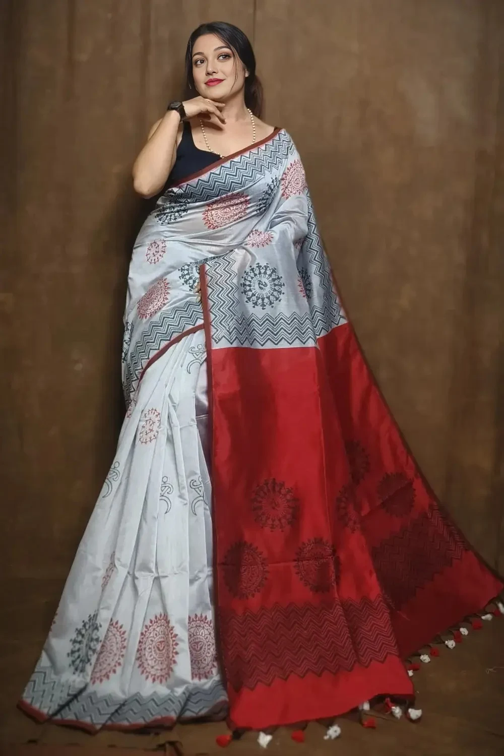 Traditional Gray and Red Cotton Silk Saree