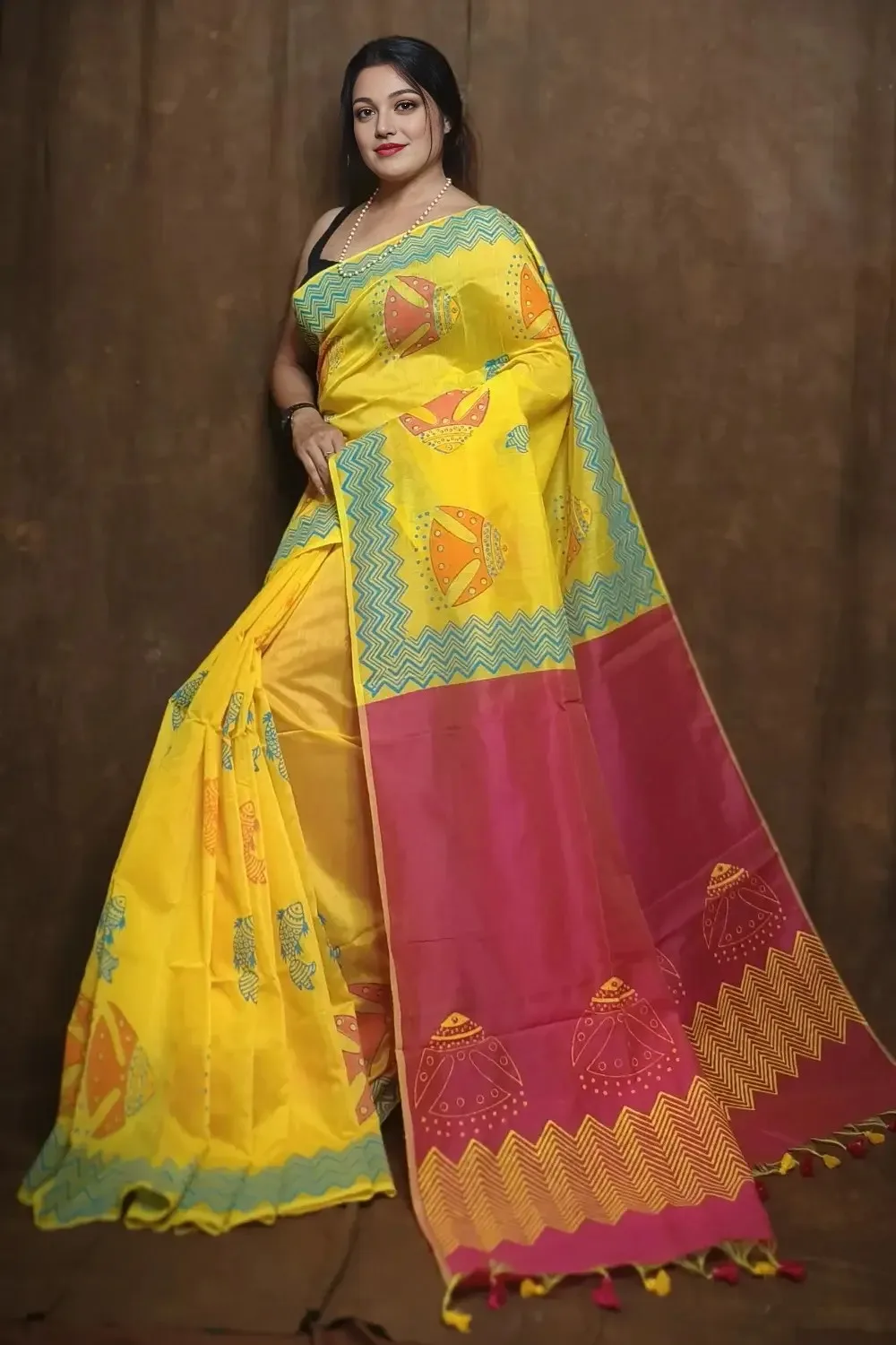 Yellow and Pink Cotton Silk Saree