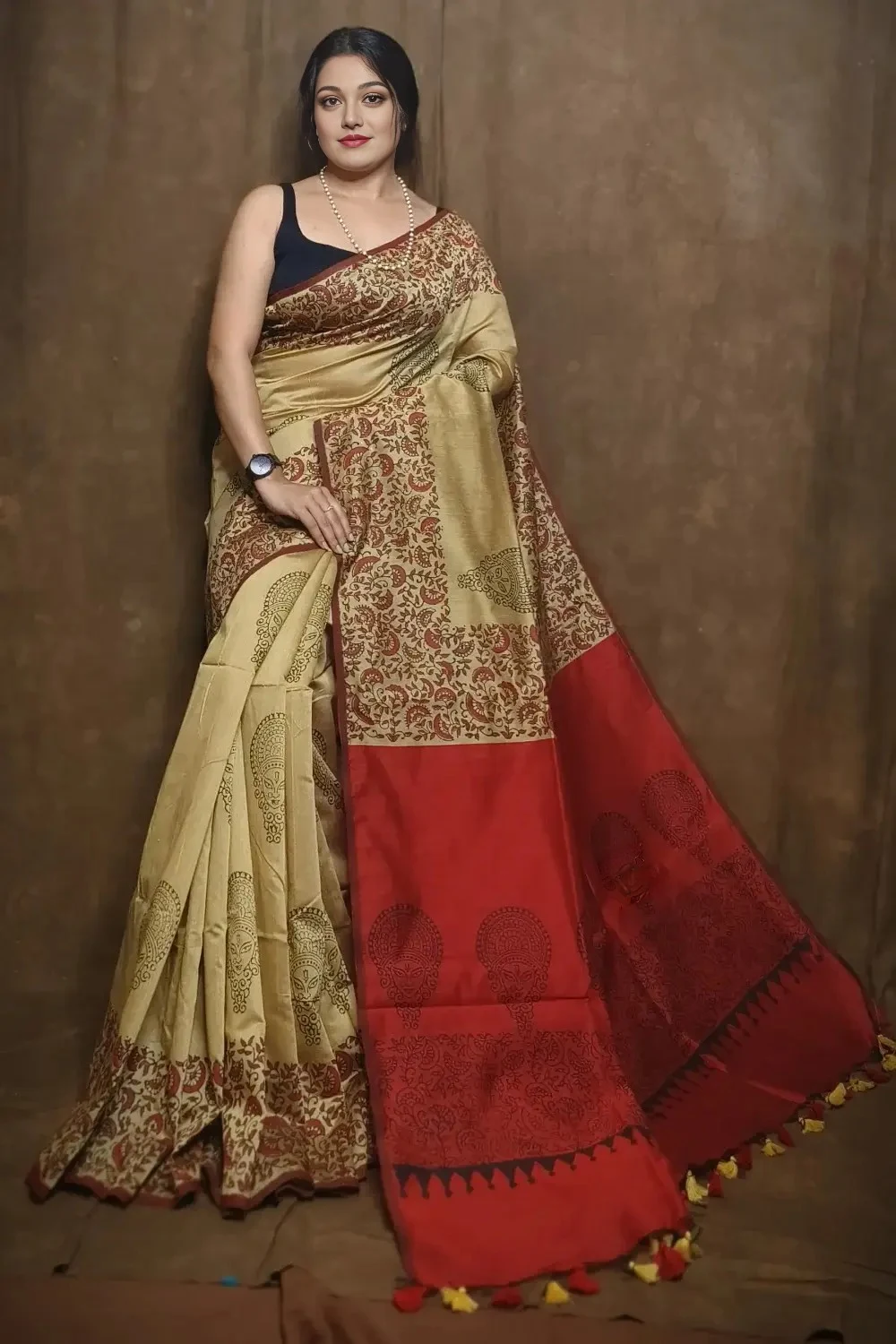 Brown and Red Cotton Silk Saree