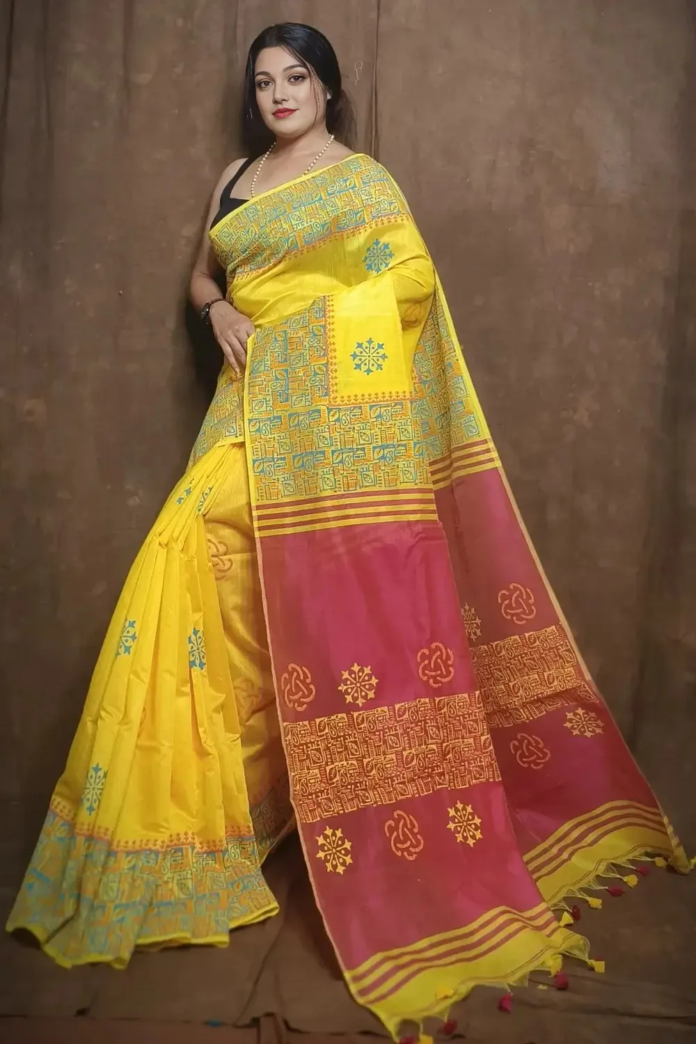 Traditional Yellow and Pink Cotton Silk Saree
