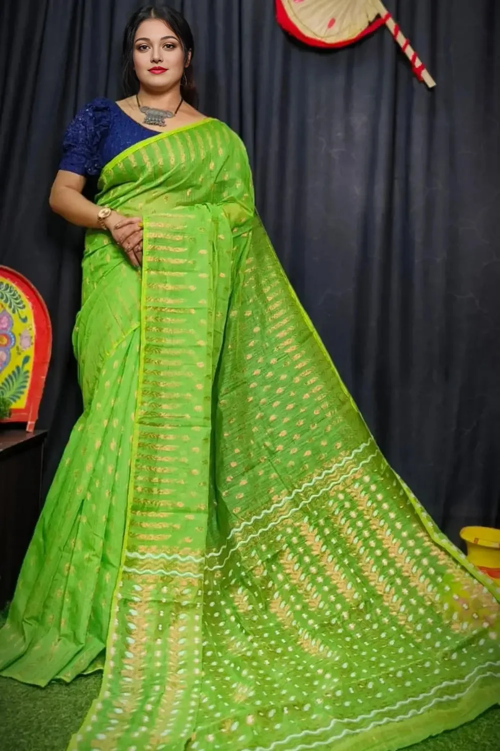 Unique Parrot-Green Dhakai Jamdani Saree