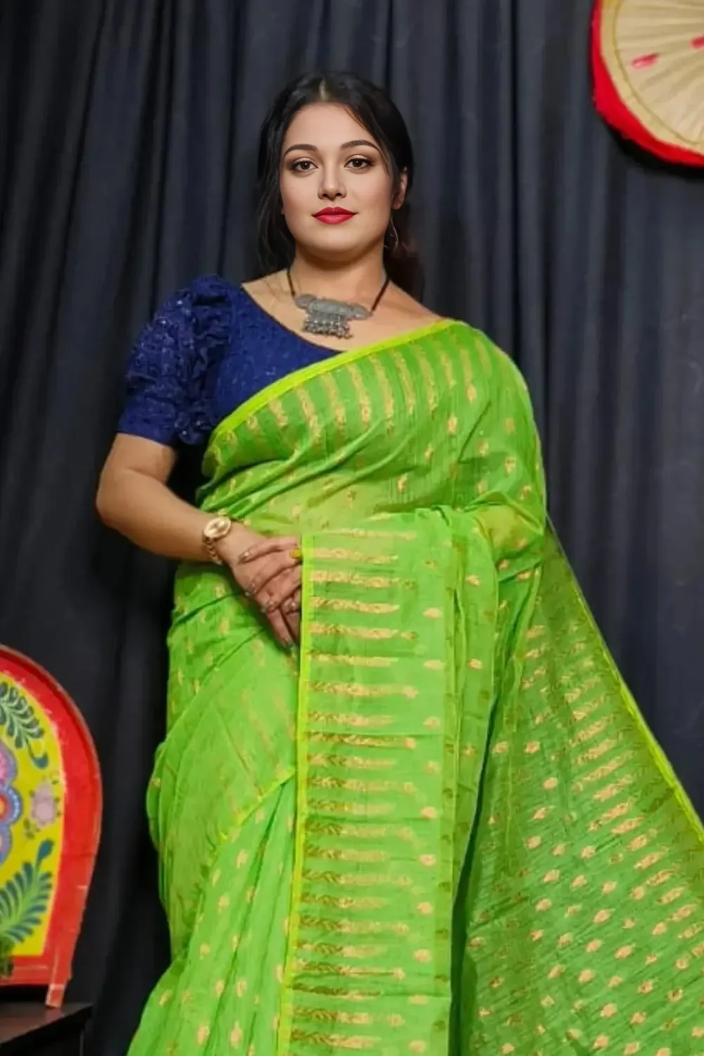 Unique Parrot-Green Dhakai Jamdani Saree