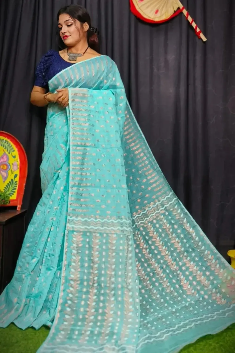 Sky-Blue Unique Dhakai Jamdani Saree