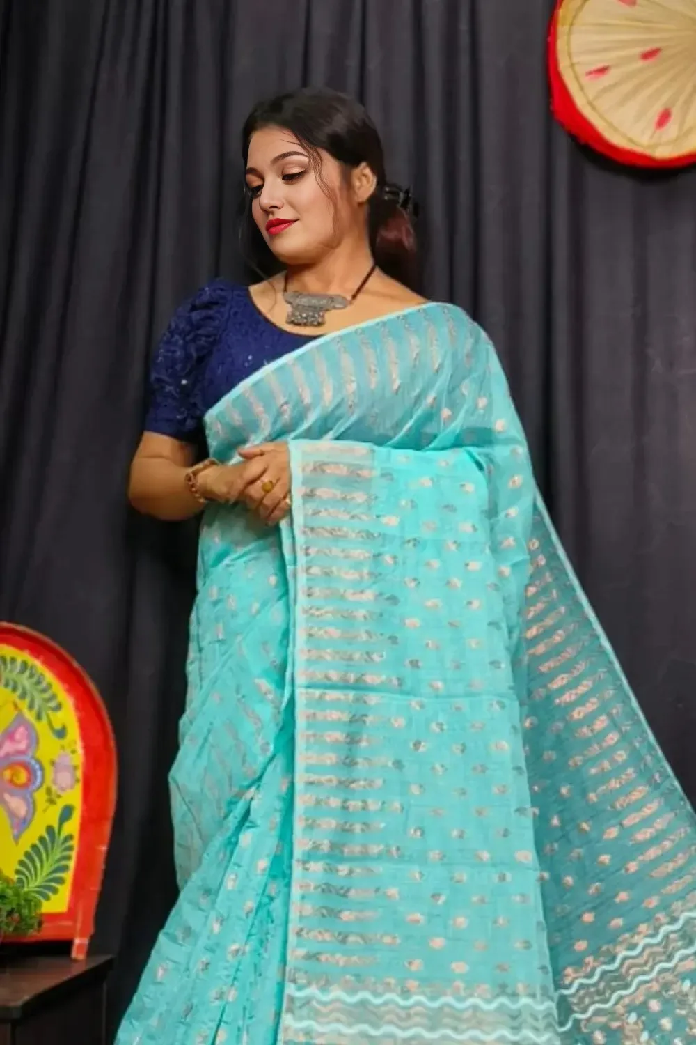 Sky-Blue Unique Dhakai Jamdani Saree