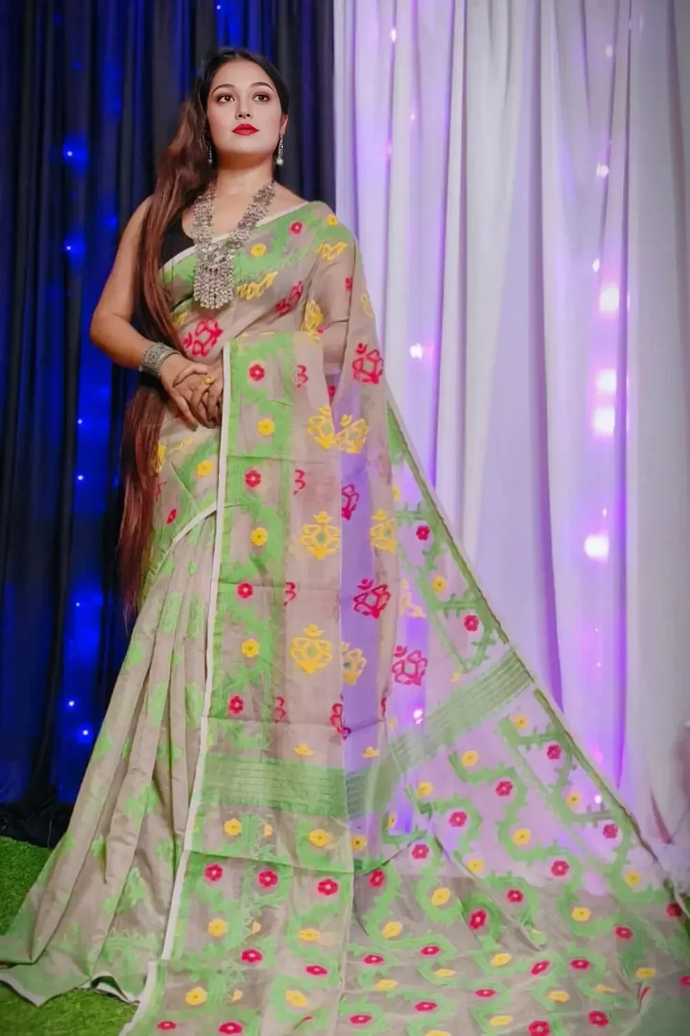 White & Green Dhakai Jamdani Saree