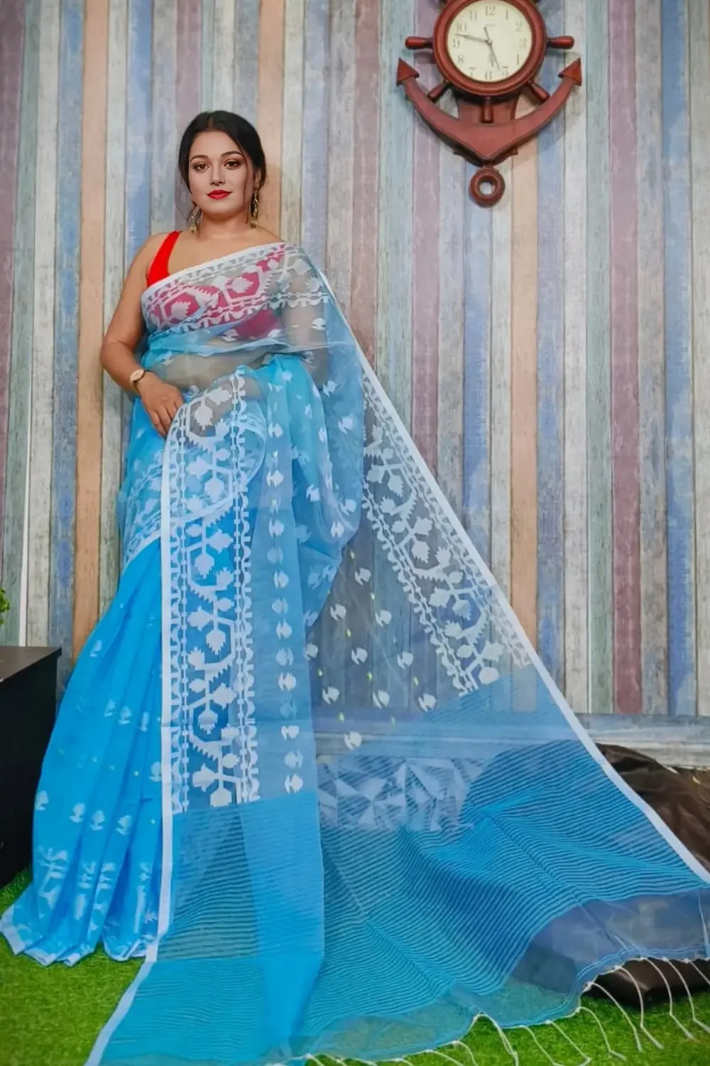 Sky-Blue Designer Jamdani Saree