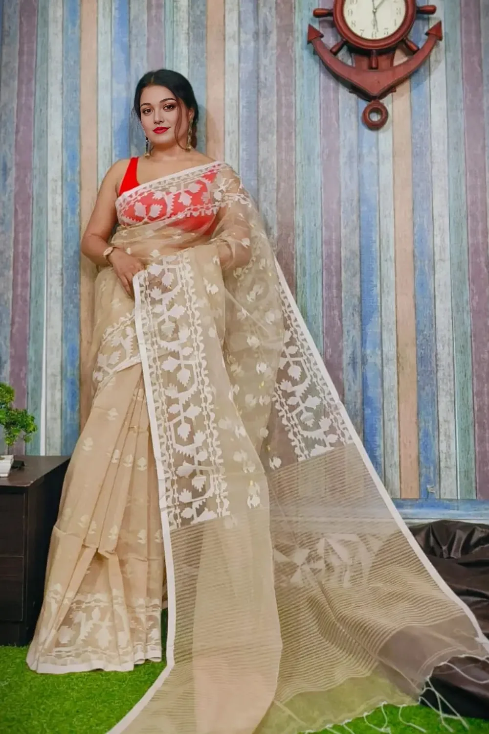 Tan Color Designer Jamdani Saree