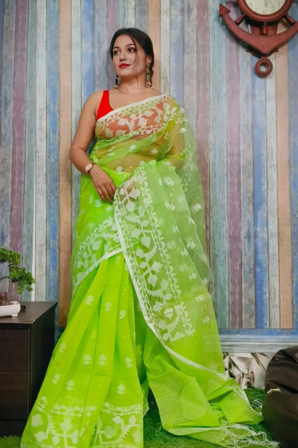 Parrot-Green Designer Jamdani Saree
