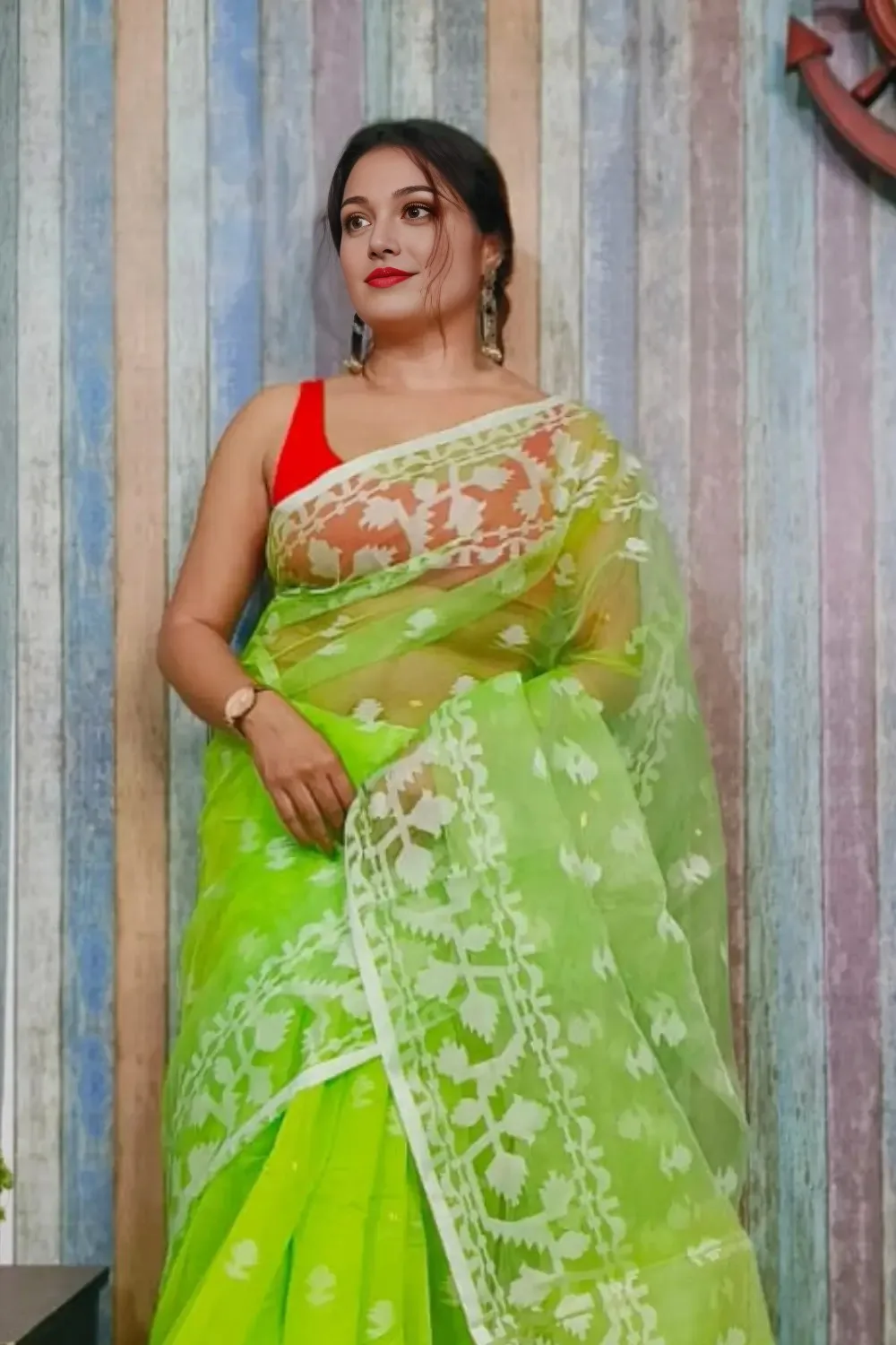Parrot-Green Designer Jamdani Saree