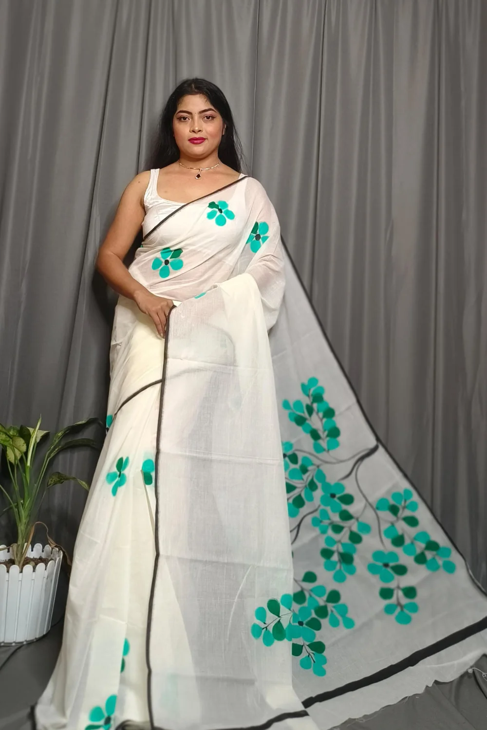 White Pure Mull Cotton Saree With Hand Printed Green Jaba